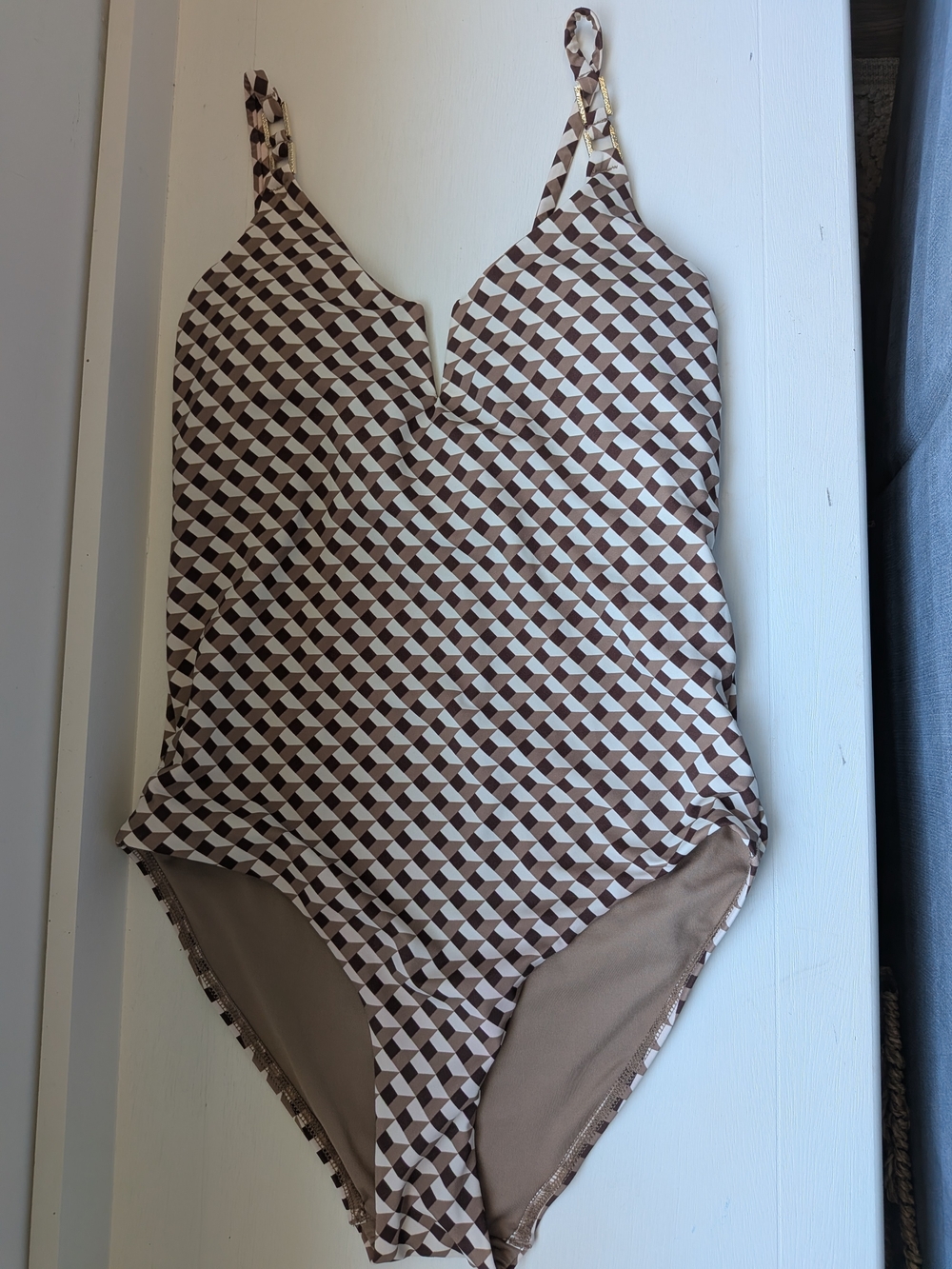 Geometric Brown & Cream One-Piece Swimsuit Berlook Inspired